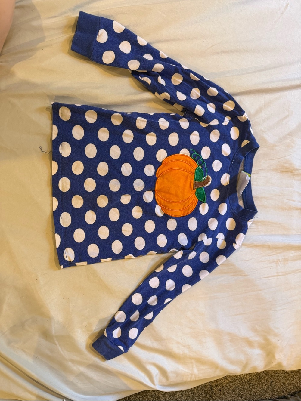 Girls' Navy Polka Dot Long-Sleeve Top with Pumpkin Appliqué
